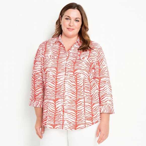 Chico's Womens Top Zebra Stripe Pink Cotton Long Sleeve Pockets Size 3 | XL - Picture 1 of 13